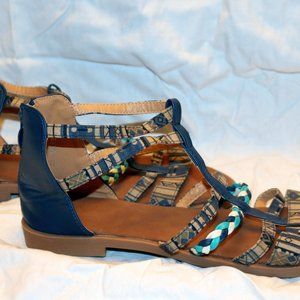 Size 10 Multi-Color Blue Gladiator Style Sandals, New Without Box